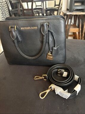 Michael Kors Black Pebbled Leather Satchel with Gold Hardware
